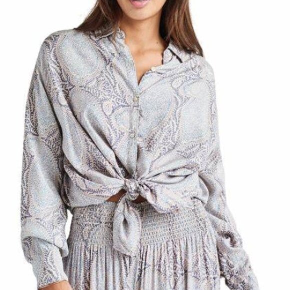 Splendid Mackenzie Paisley Button Down Shirt WHITE SAND PAPER - Picture 1 of 9